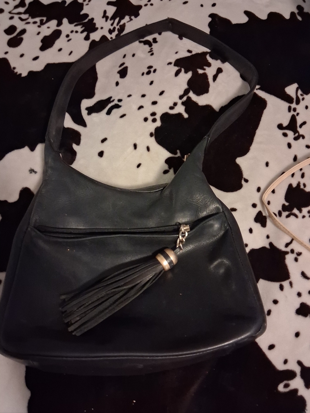 Tignanello Black Leather Shoulder Bag with Tassel